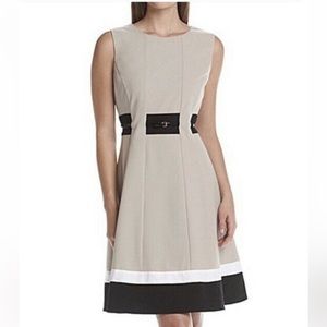 Calvin Klein Fit Flare Beige Sleeveless Color Block Dress 8